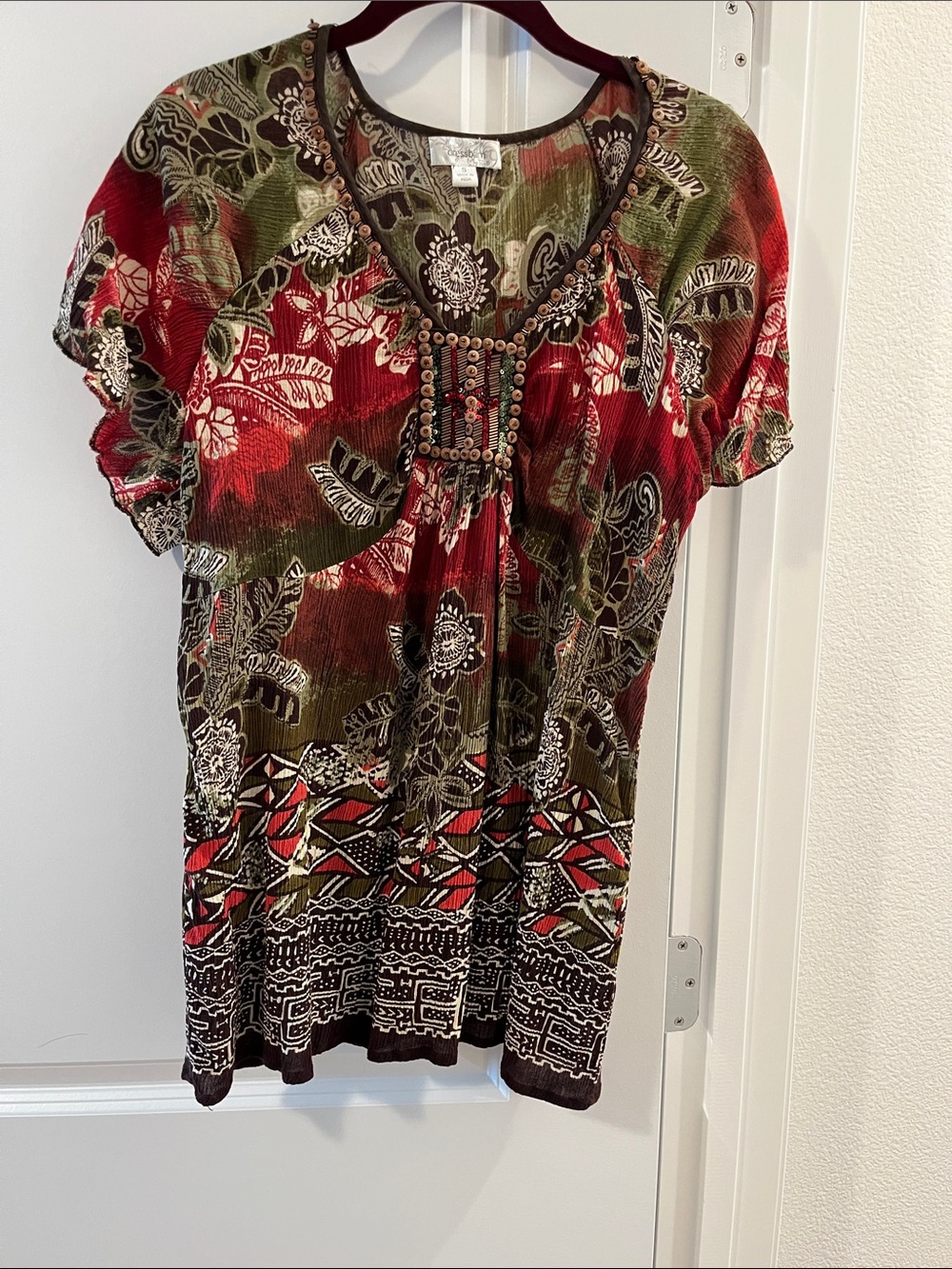 Dress Barn Red and Olive Floral Beaded Short Sleeve Tunic